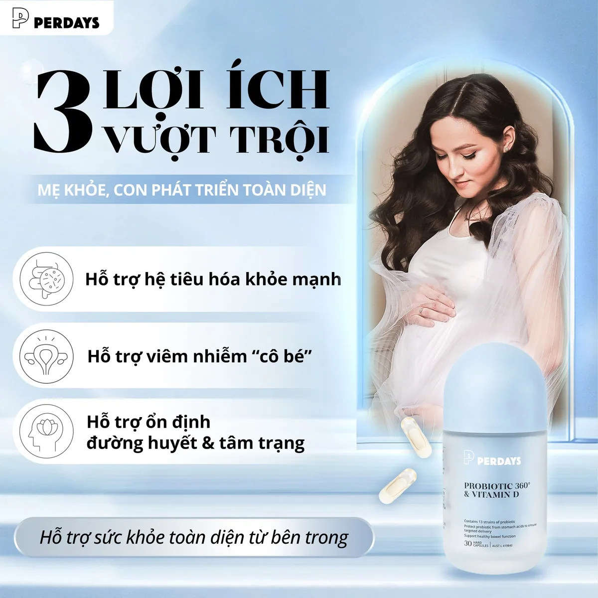 Perdays Men Vi Sinh + D bổ sung lợi khuẩn HN001 và vitamin D3 hỗ trợ hệ vi sinh đường ruột cho mẹ bầu