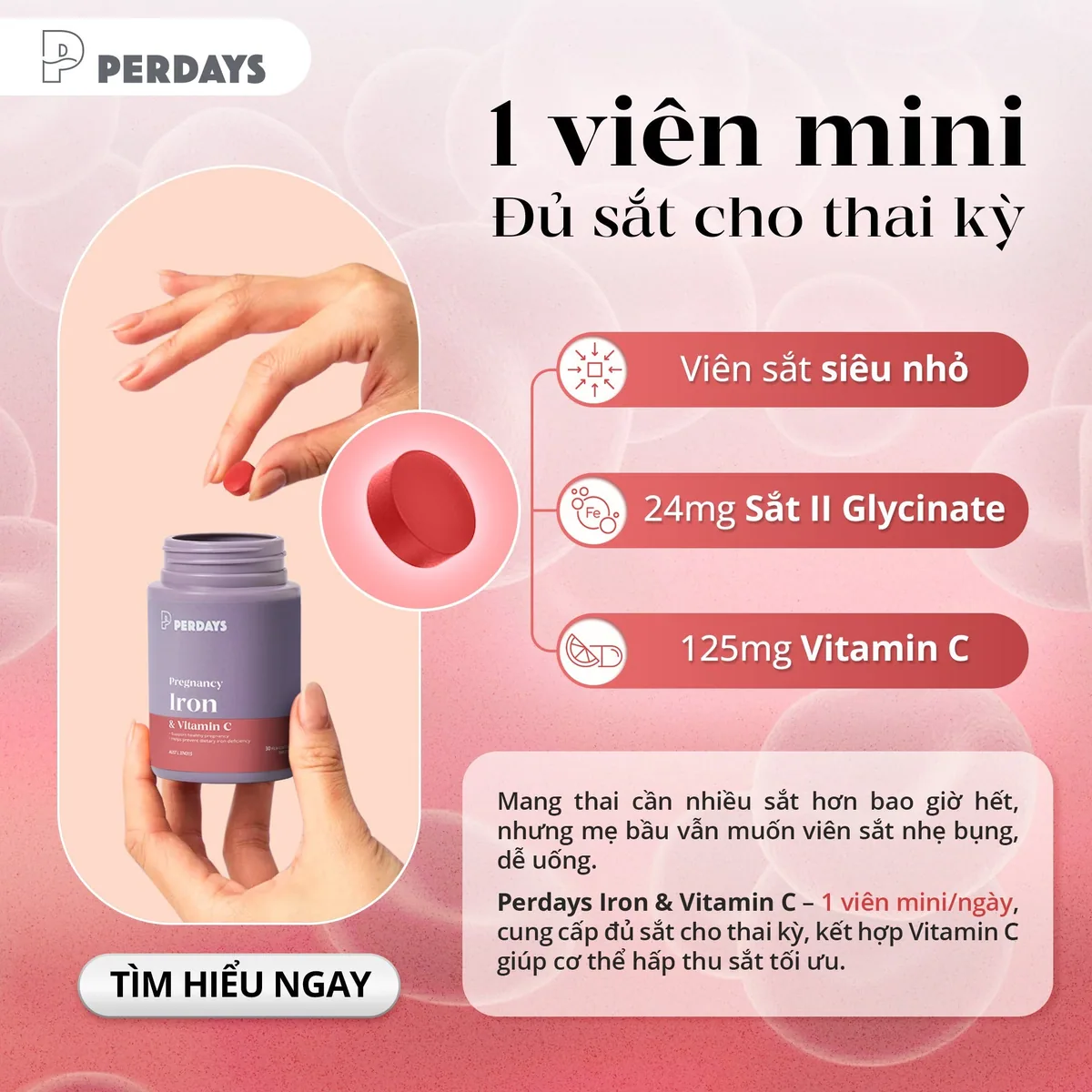 Sắt kèm vitamin C Perdays sử dụng sắt hữu cơ sinh khả dụng cao, phù hợp cho mẹ bầu