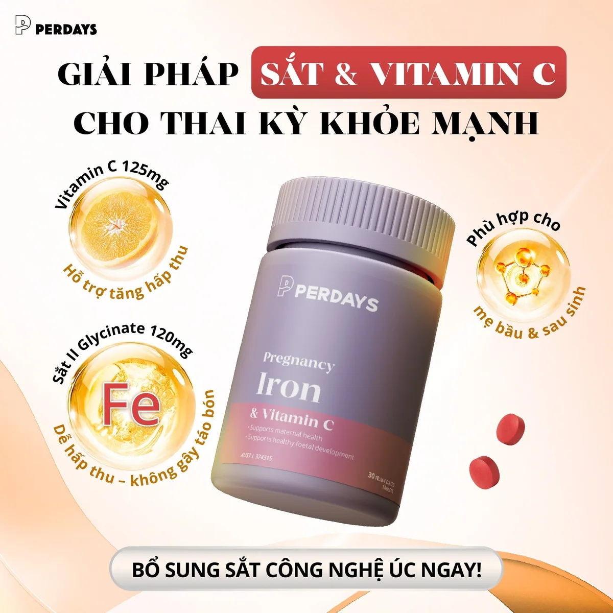 Sắt kèm vitamin C Perdays sinh khả dụng cao tối ưu hấp thu