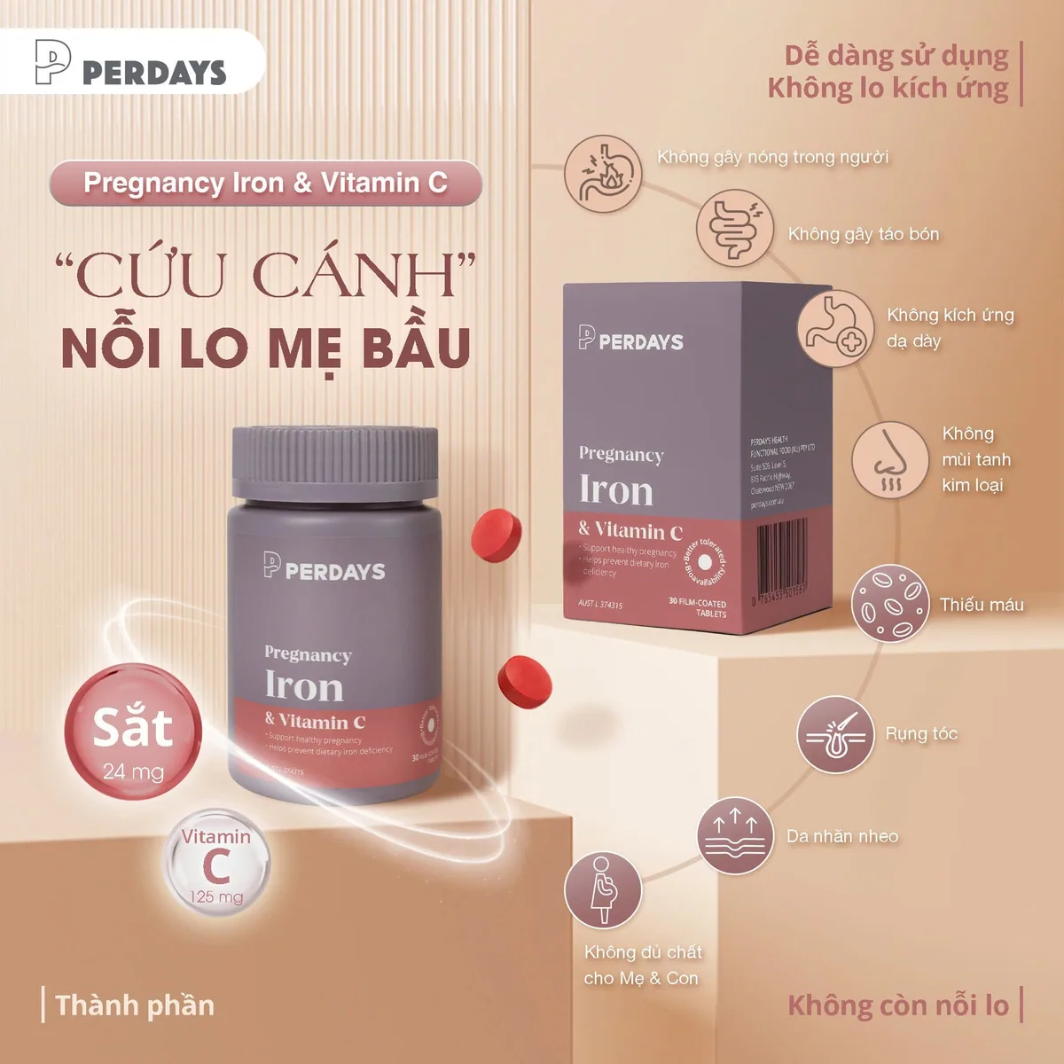 Vitamin C trong sắt Perdays giúp chuyển sắt sang dạng dễ hấp thu, tăng sinh khả dụng đường uống
