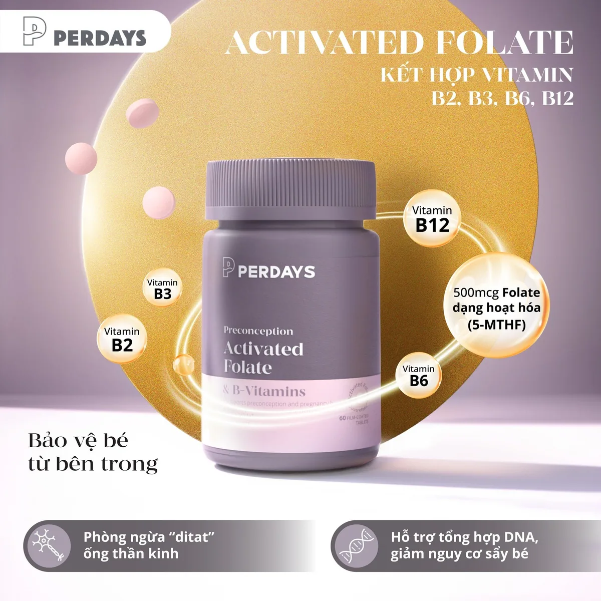 Viên uống folate dạng hoạt tính 5-MTHF hỗ trợ thai kỳ của PERDAYS